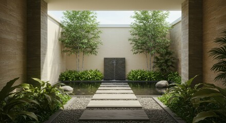 Fototapeta premium Serene Courtyard Oasis: A Tranquil Zen Garden Design