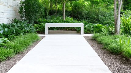 Obraz premium Tranquil garden path with white bench. Lush greenery surrounds a paved walkway leading to a simple, white bench. Peaceful oasis