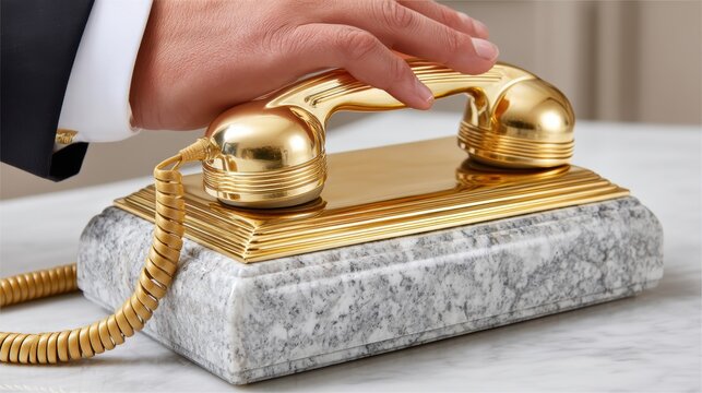 An elegant hand finishes a call, placing the handset on a stylish desk phone - conversation chic metallic connection completing