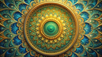Intricate Golden and Teal Mandala Design An Ornate Circular Pattern with Symmetrical Floral Motifs and Gilded Accents