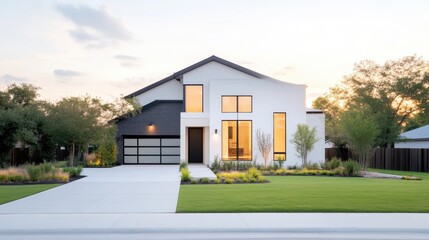 Obraz premium Modern home exterior, featuring a clean, minimalist design with a white facade and dark accents. Spacious driveway and manicured landscaping. Natural light streams through large windows