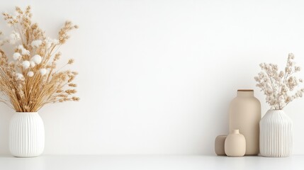 Minimalist home decor with dried flowers and vases