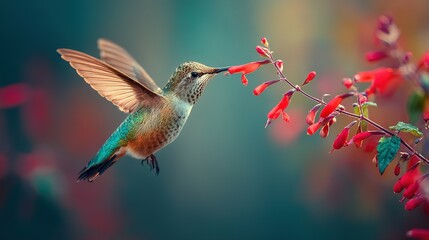 Naklejka premium Vibrant hummingbird sips nectar from a scarlet sage flower.