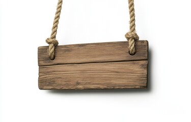 Rustic Wooden Hanging Sign with Twisted Rope on White Background