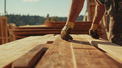 A construction worker preparing roofing materials. Featuring precision and planning