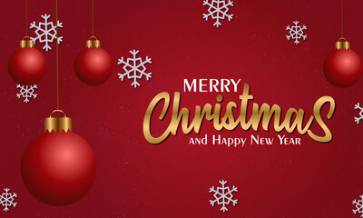 A sleek, modern Christmas card with red ornaments hanging on a red background. snowflakes add festive details, complementing the metallic 