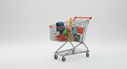 Shopping Cart Still Life: Groceries, Backpack, and Minimalist Mood