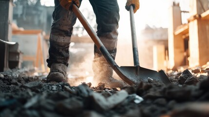 Obraz premium A construction worker removing debris from the construction site. Featuring cleanliness and order