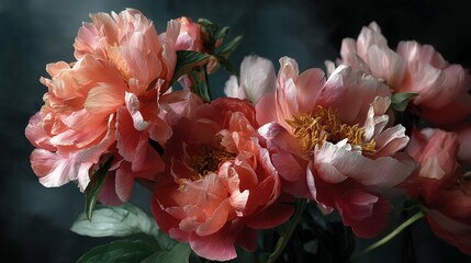 Fototapeta premium Close-up display of vibrant peonies in soft tones.