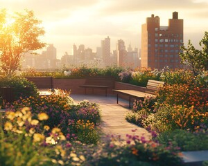 Fototapeta premium Rooftop garden oasis urban cityscape blooming flower fresh greenery wooden bench overlooking city skyline warm golden sunlight high fidelity texture cinematic lighting 8k resolution modern spring vibe