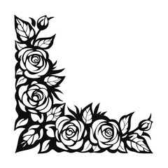 Black and White Floral Corner Border of Roses, Leaves, and Buds