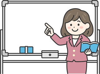 ホワイトボードを使って授業する、女性教師（線画カラー）のイラスト
