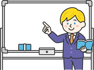 ホワイトボードを使って授業する、白人の男性教師（線画カラー）のイラスト