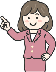 指を指して説明する、スーツ姿の女性（線画カラー）のイラスト
