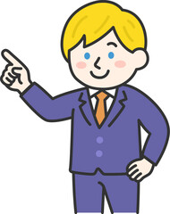 指を指して説明する、スーツ姿の白人男性（線画カラー）のイラスト