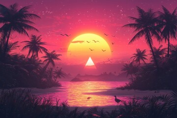 Tropical sunset scene with neon colors and silhouetted palm trees