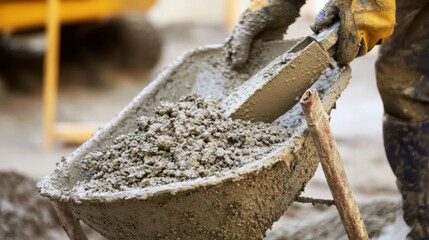 A construction worker pouring cement into a wheelbarrow. Featuring effort and coordination