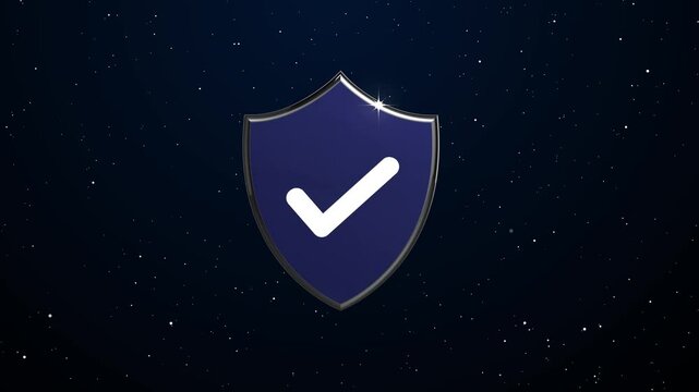 3D animation security protection shild with a check mark on dark blue background