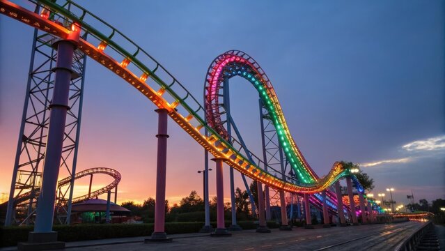 Theme parks Colorful roller coaster against a vibrant sunset sky.