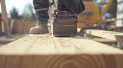 A construction worker sanding wooden beams at a building site. Featuring craftsmanship and attention to detail