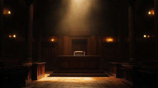 A dimly lit courtroom with the judge's bench isolated in darkness, casting eerie shadows