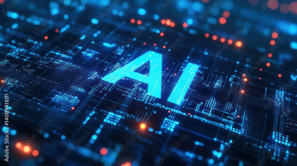 Poster close-up of glowing ai letters on a high-tech digital circuit background emphasizing the future of a