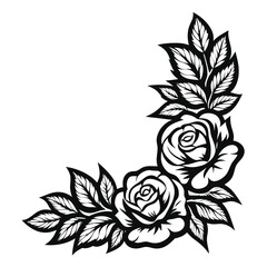 Rose Flower Corner Floral Black and White Roses with Leaves Decoration Element
