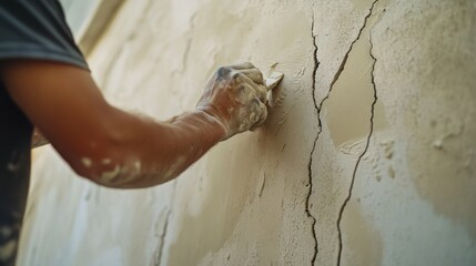 A construction worker sealing cracks in a concrete wall. Featuring attention to detail and repair skills