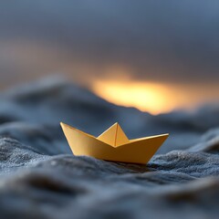 Obraz premium A serene paper boat floating on gentle waves, symbolizing adventure and tranquility in a breathtaking sunset.