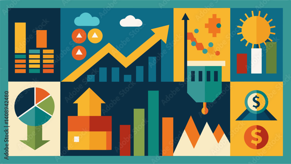 Poster a series of paintings depicting the rise and fall of stock market data with patterns and textures re