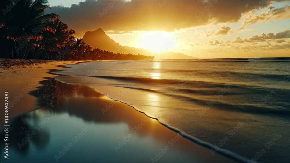Poster sunset reflections on a serene beach with mountains in the background, camera moving left discoverin