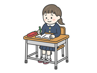 学校の机で勉強する、小学生の女の子（線画カラー）のイラスト