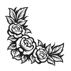 Corner Roses and Leaves Silhouette Floral Decoration, Elegant Monochrome, Art