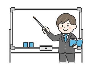ホワイトボートで、指し棒を使って授業する、男性教師（線画カラー）のイラスト