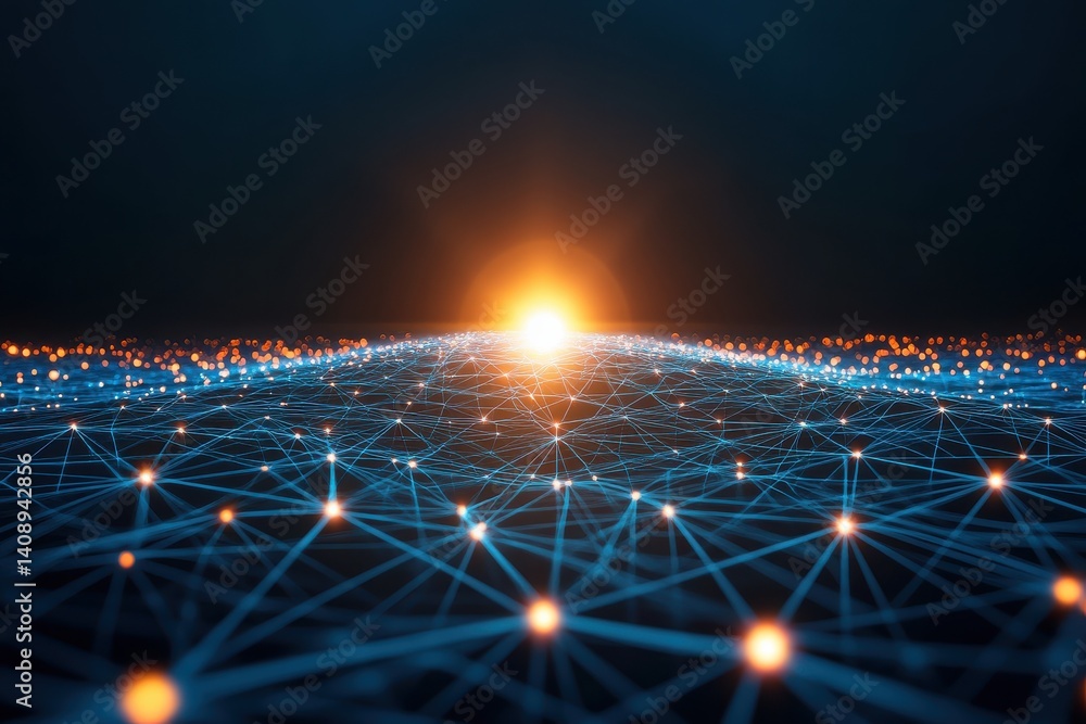 Poster Abstract network with blue lines and orange dots converging towards a bright light source horizon