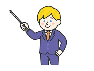 指し棒を使って説明する、スーツ姿の白人男性（線画カラー）のイラスト