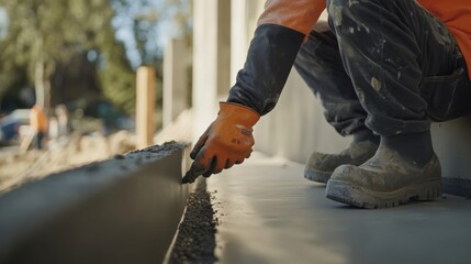A construction worker sealing joints in the foundation. Featuring attention to detail and protection