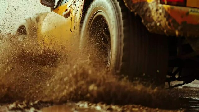Close up of stunt car wheel splashing through muddy terrain during off-road adventure, Close up on stunt car wheel driving through mud puddle