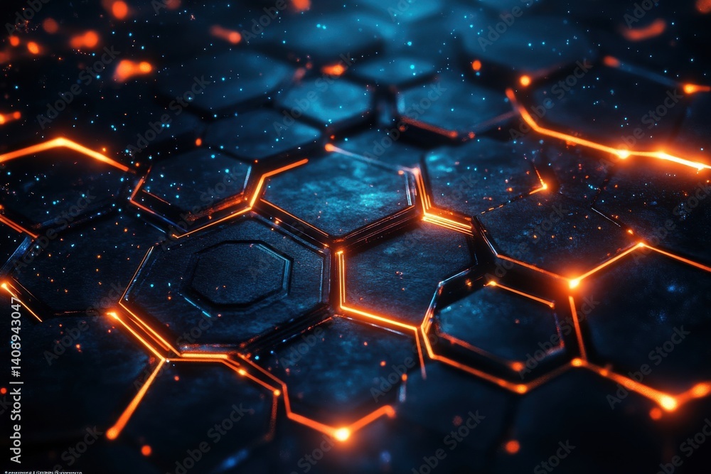 Poster glowing orange lines forming hexagonal shapes on a dark textured surface with blue highlights around
