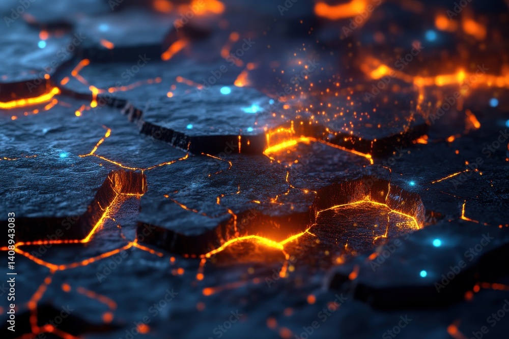 Poster cracked surface with glowing orange fissures and blue sparks creating a dynamic visual effect
