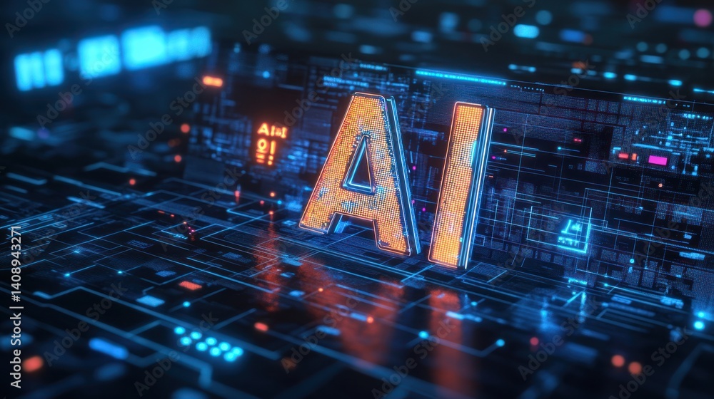 Poster futuristic representation of artificial intelligence with glowing circuits and digital elements show
