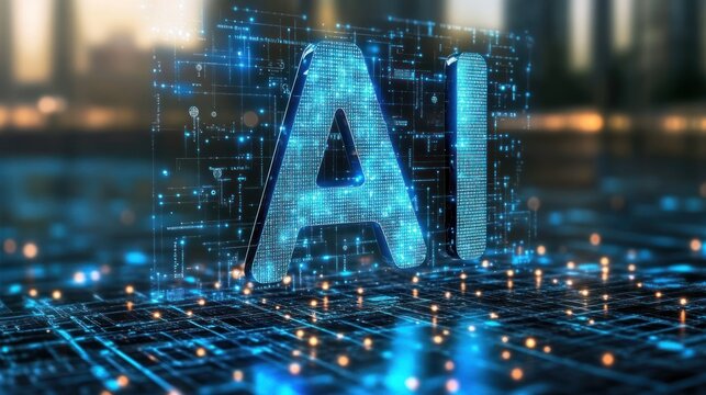 Futuristic representation of artificial intelligence with glowing letters and digital connections in a high-tech environment.