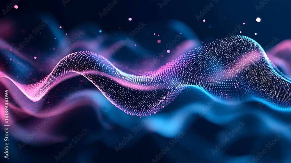 Poster wavy particle stream flowing with pink and blue gradient