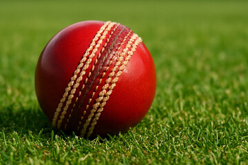 A close-up shot of a red cricket ball resting on a lush green outfield, capturing the seam and stitches in sharp detail
