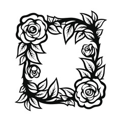 Floral Square with Roses and Leaves Black and White Decorative Design