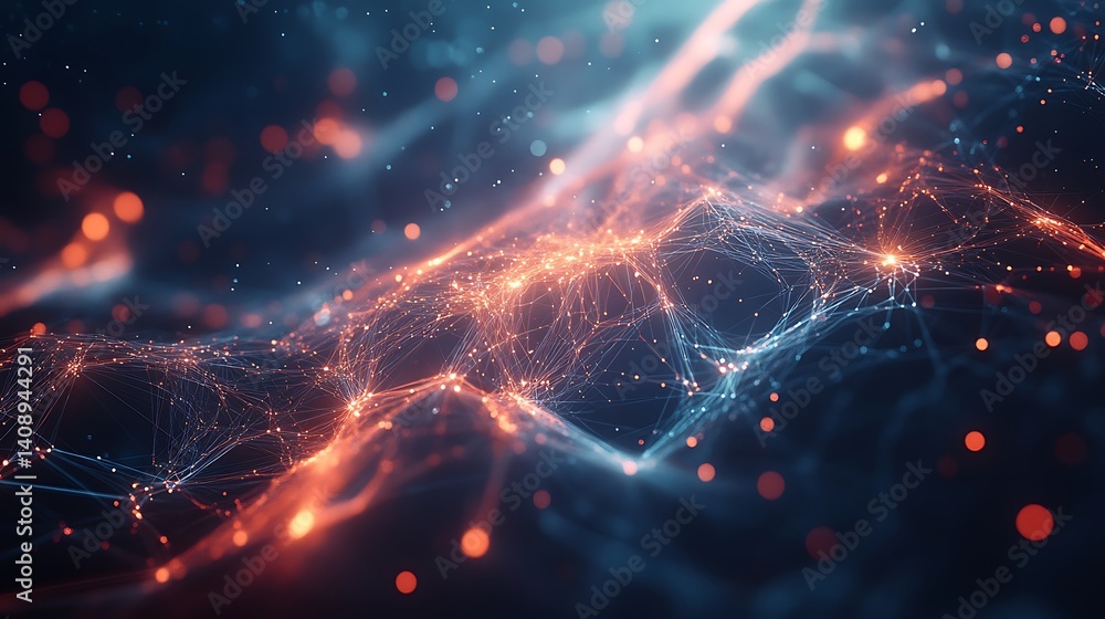 Poster abstract network connection with glowing lines and dots on dark blue background
