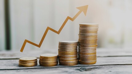 A stack of coins with upward arrows and graphs, symbolizing financial growth and rising stock prices.  