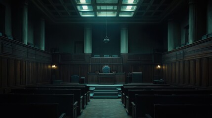 An empty courtroom filled with dark shadows and an eerie silence, the judge's bench looming in the distance 