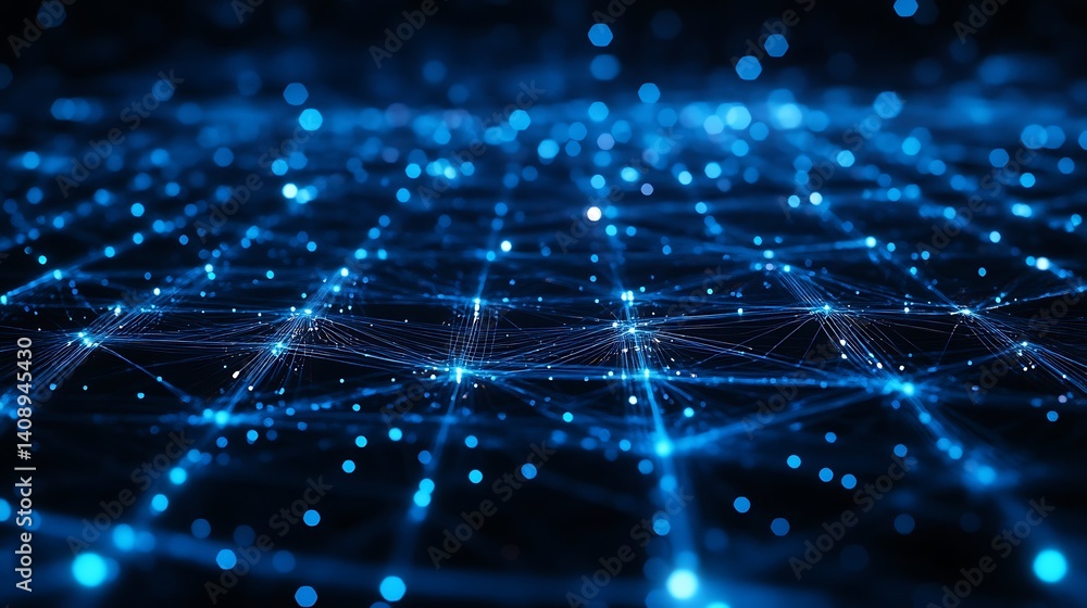 Poster blue network connection visual with glowing dots and lines