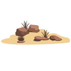 Vector illustration of rocks and bushes on a sandy desert ground. Perfect for depicting dry, arid landscapes in educational, animation, or nature-themed creative projects.